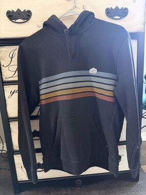 Patagonia Black Hoodie with Blue, Yellow and Brown Stripes